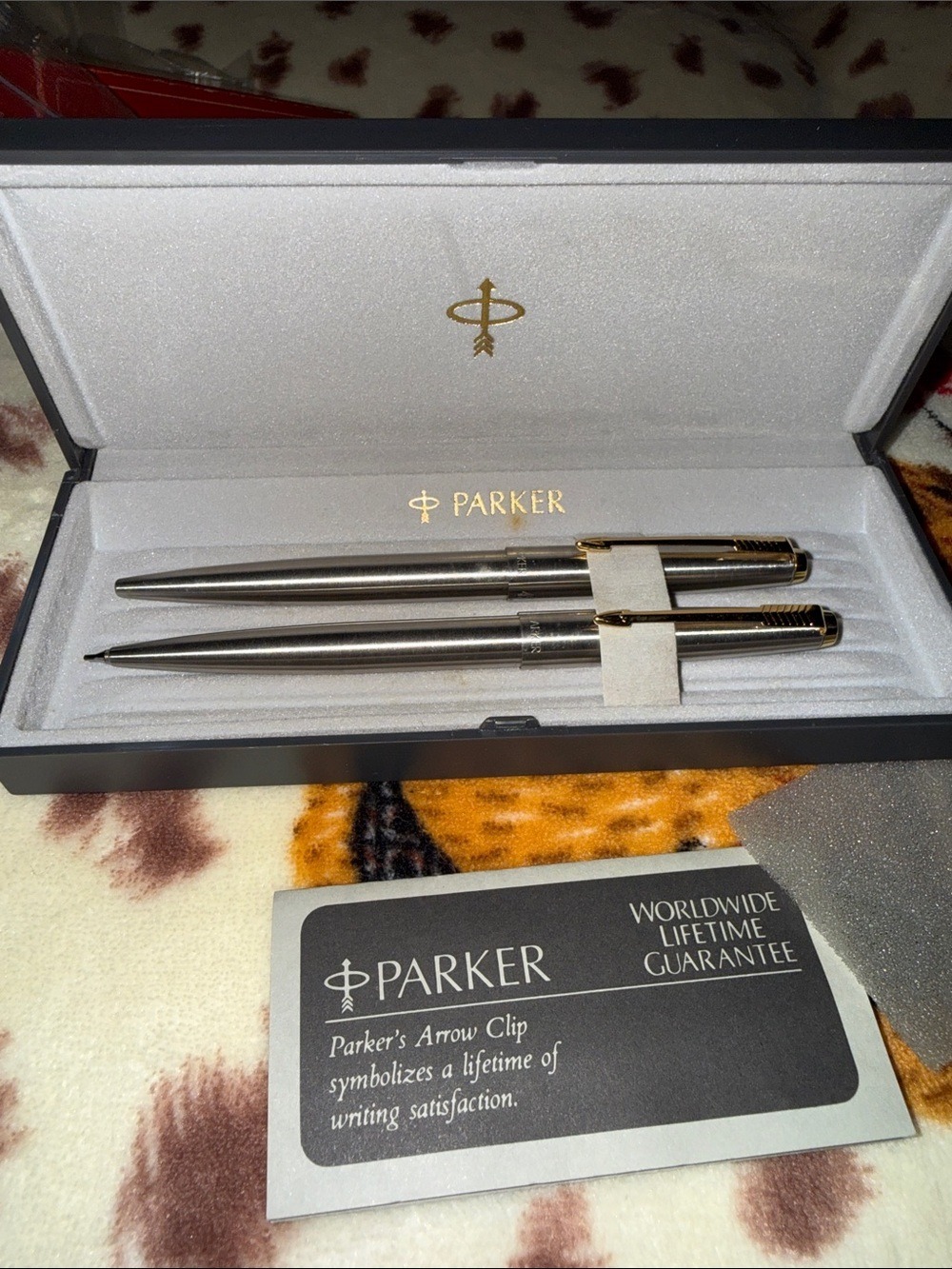Vintage Parker Silver Stainless Steel Ballpoint and Pencil Set with Gold/Silver